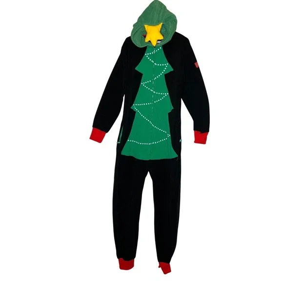 Tipsy Elves Mens Christmas Tree Onesie Fleece Jumpsuit Black Green Large - Picture 2 of 6